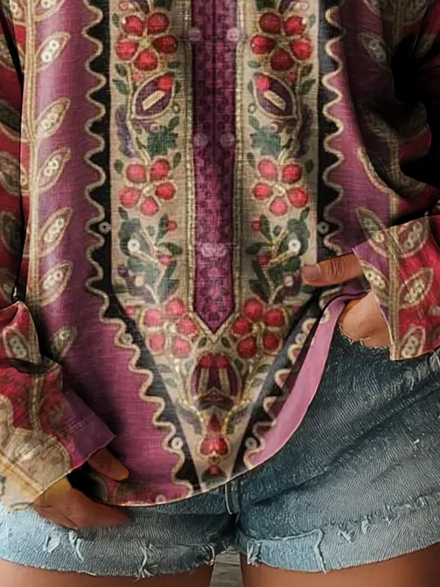 Hauts à manches longues et col en V pour femmes, imprimé floral, style bohème vintage, à porter au quotidien, violet