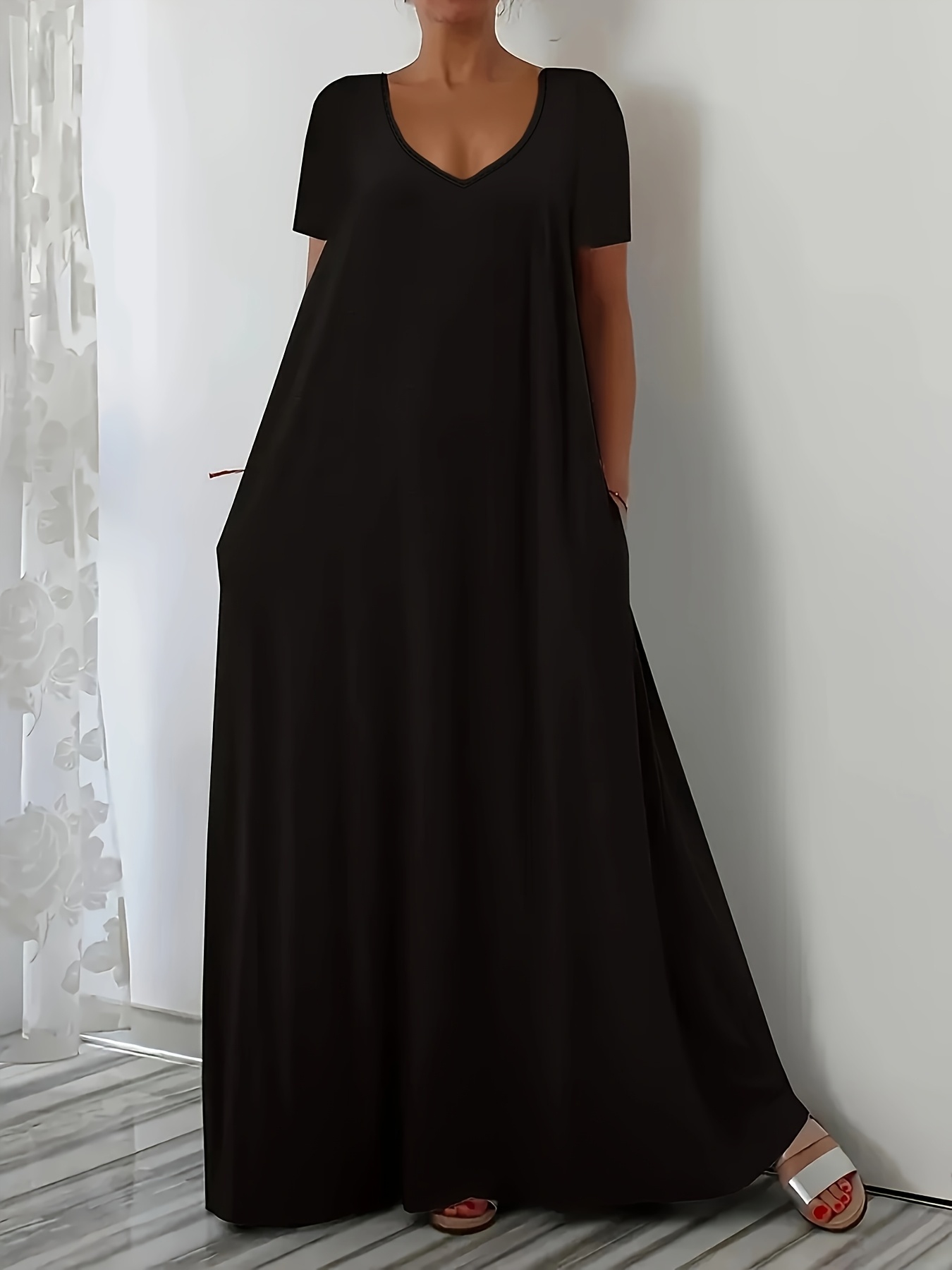 Nouvelle robe d'été grande taille pour femme, décontractée, ample, à manches courtes, couleur unie, col en V