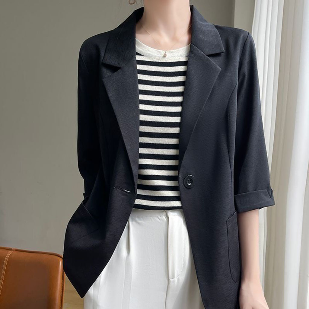 Blazer blanc à manches 3/4 pour femmes, veste de costume de bureau élégante, poche ample, vêtements de travail formels, décontracté pour dames