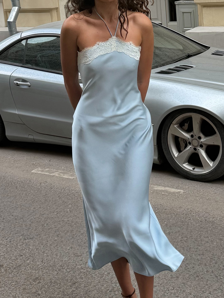 Robes Midi Chic Décontractées Lumineuses pour Femmes, Style Urbain Français, avec Dentelle et Patchwork, Col Montant, Coupe Moulante, Sans Manches, Douces, pour l'Été