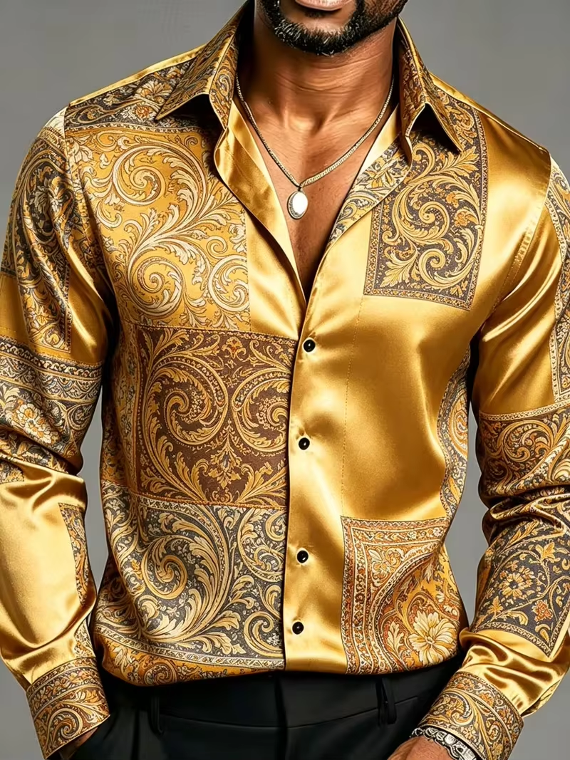 Chemises habillées pour hommes en satin de soie à manches longues, imprimé floral baroque, coupe ajustée, pour soirée, boîte de nuit, décontractées ou formelles