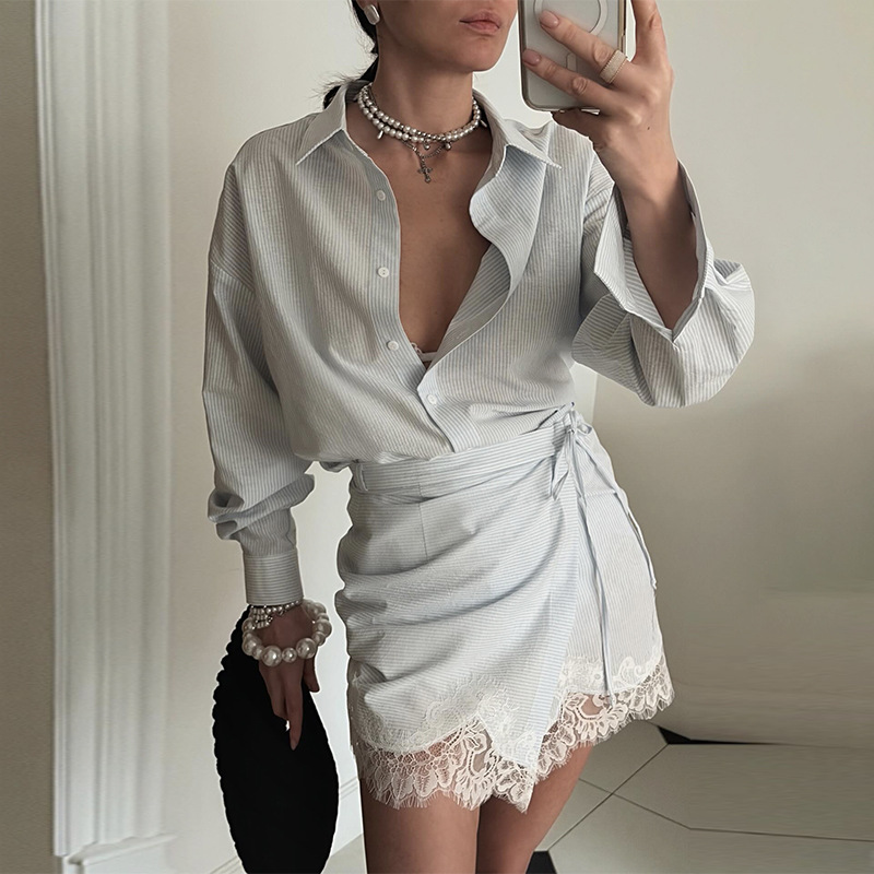 Ensemble chemise et jupe à rayures en dentelle pour femme, manches longues, printemps-été 2026, nouveau style, tenue élégante et décontractée