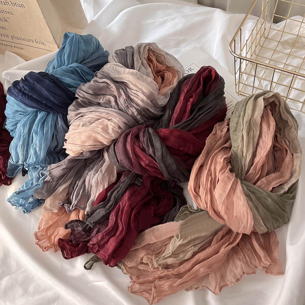 Écharpe en Coton et Chanvre pour Femme, Dégradé Bleu, Rétro Polyvalent, Imprimé, Long, Châle Doux, Nouvelle Tendance à la Mode, Automne et Hiver