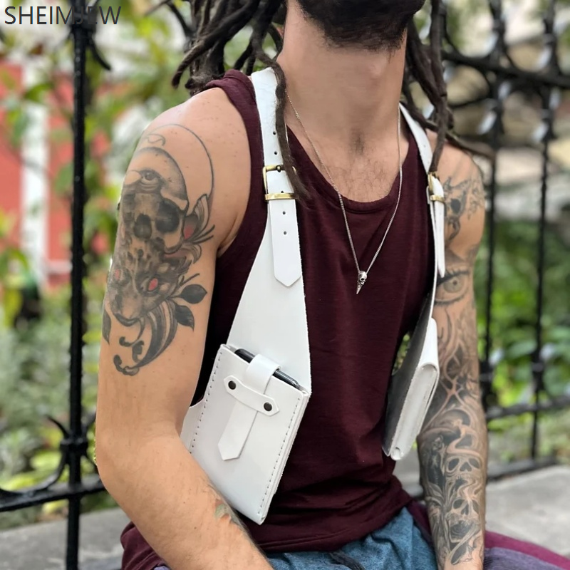 Mode Double bretelles multi-poches hommes en plein air antivol poitrine sac médiéval en cuir multi-fonction sac à bandoulière Walle