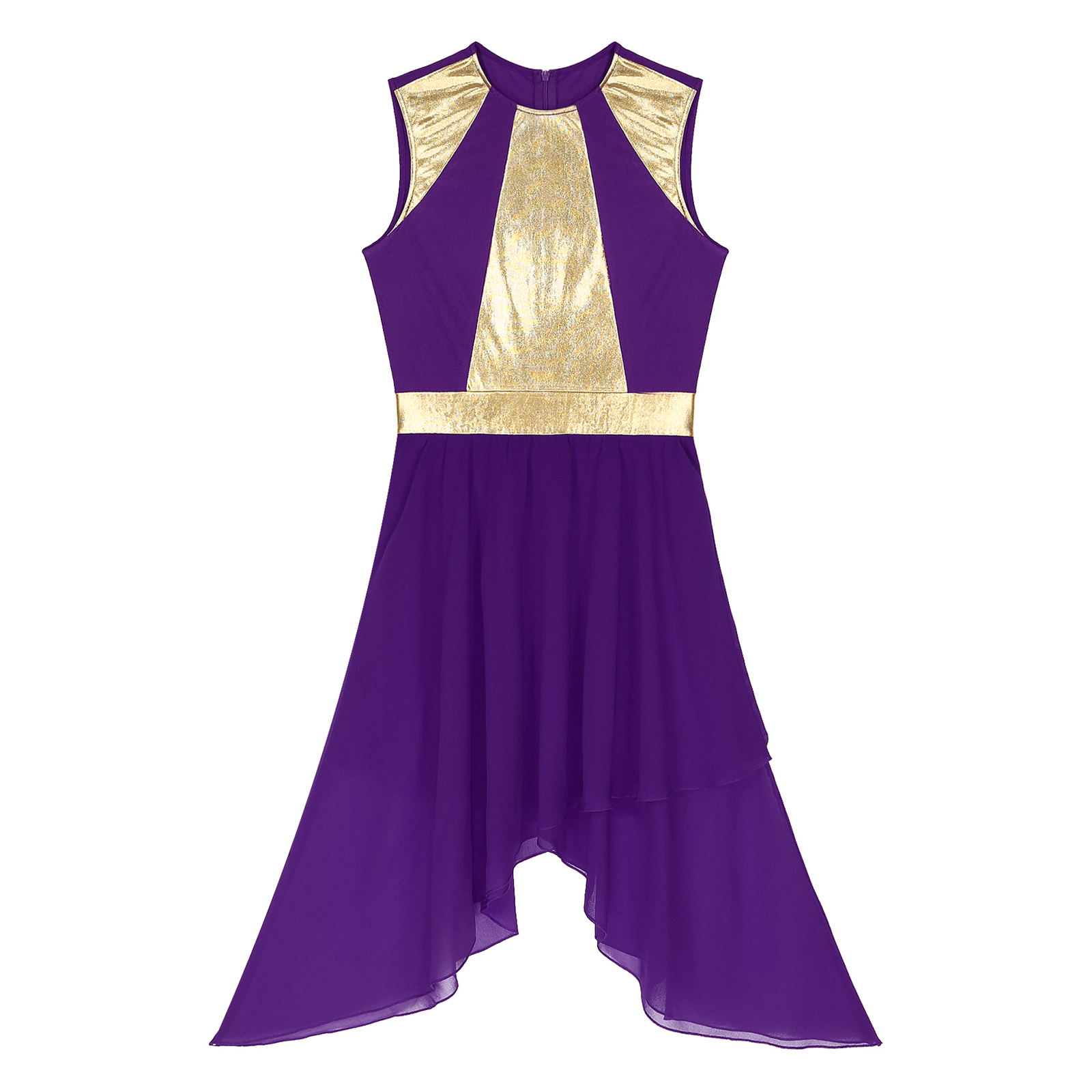 Robe de danse lyrique pour femmes, jupe asymétrique en mousseline de soie, Patchwork métallique brillant, fermeture éclair Invisible pour la compétition sur scène de bal
