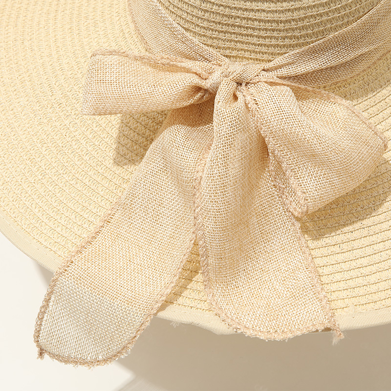 Chapeaux de paille de plage à large bord de 15CM pour femmes, chapeau de soleil Simple et pliable pour sortie d'été, mode Brom plat avec nœud papillon, Protection Uv Panama
