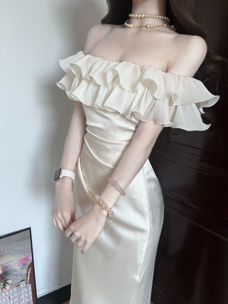 Robe élégante française printemps-été pour femmes, robe longue chic à volants, épaules dénudées, robe de soirée blanche sexy Harajuku