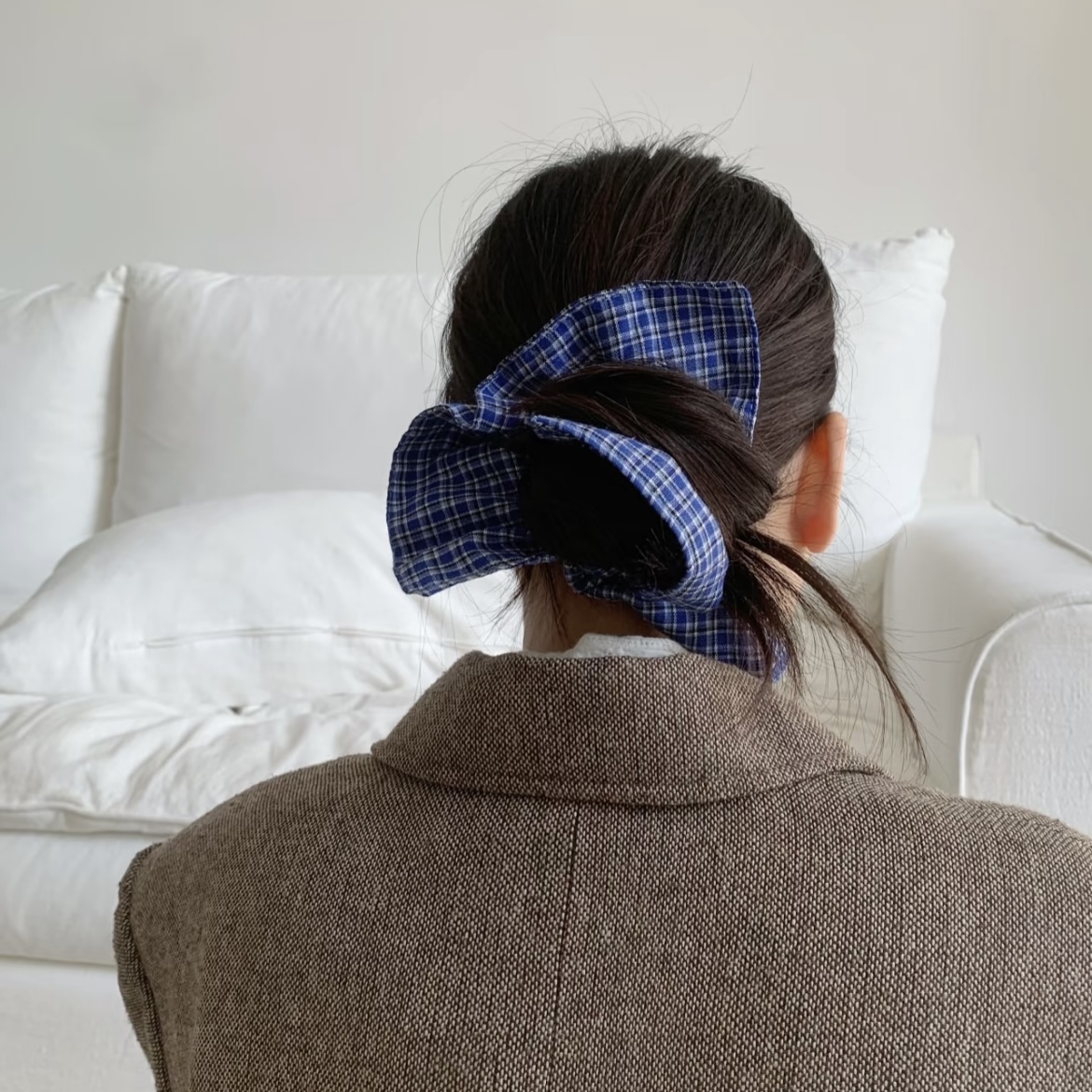 Preppy – chouchou à carreaux bleus de Style Preppy, cravate à cheveux en forme de grand nœud, accessoire de cheveux mignon et rétro pour femmes