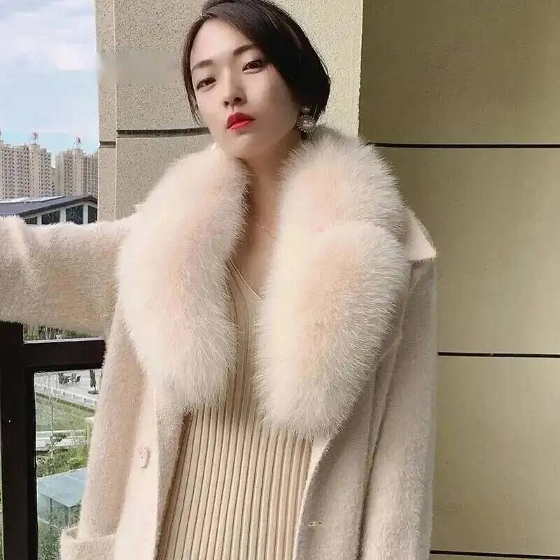 Nouvelle Collection Hiver – Manteau Femme avec Col en Fourrure de Renard 100% Naturelle, Châle Détachable et Écharpe Chaude de Luxe Grande Taille pour Dames