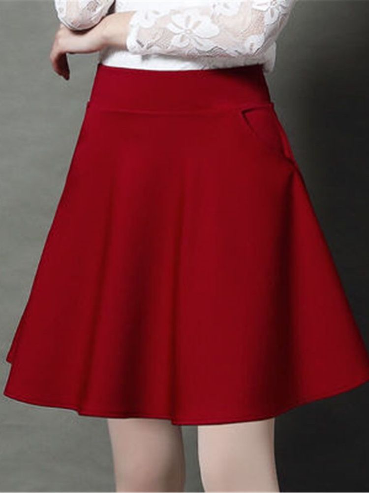 Jupe Femme Taille M-3XL Plissée Poches Solides Taille artificiel astique Jupe Moyenne ChimAll-match Office Lady Respectueux de la Peau Élégant