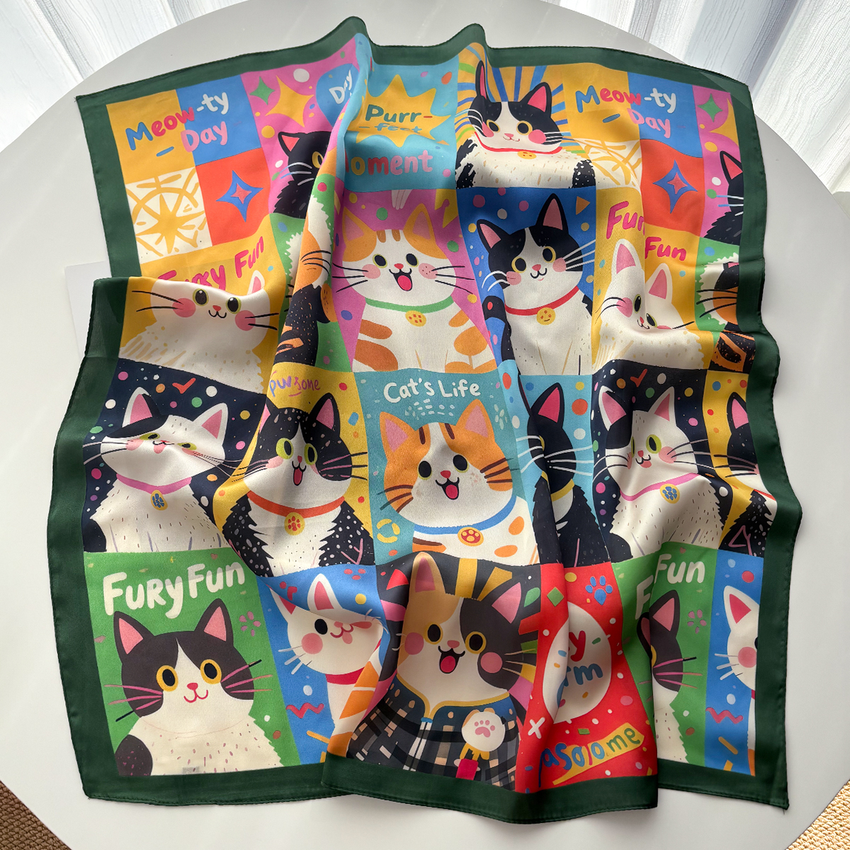 Foulard carré Imitation soie pour femmes, imprimé Animal chat, accessoires de mode, bandeau Foualrd Bandana