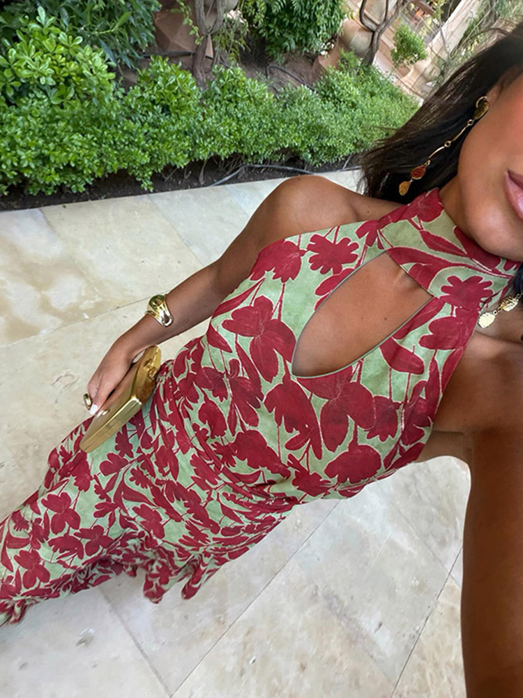 Robe longue vintage imprimée pour femme, sans manches, dos nu, à volants et découpes, style halter, collection été 2026, pour femme, style urbain