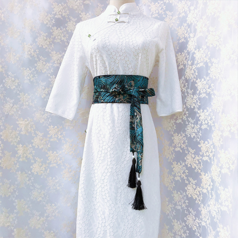 Ceinture Kimono traditionnelle japonaise pour femmes, Corset à pampilles, motif ondulé bleu, large ceinture Yukata grue Haori Obi, ceintures de taille asiatiques