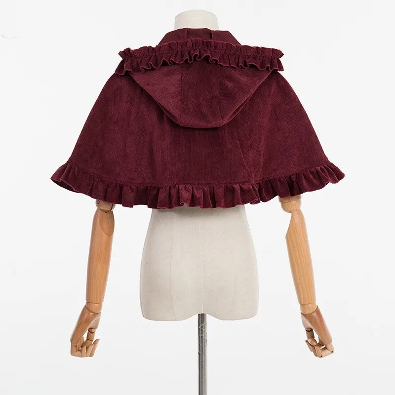 Lolita Everak-Robe Courte Attachée avec Petit Costume d'Équitation Rouge pour Femme, Cape, Capuche, Châle, Noeud Doux à Volants pour Étudiantes, Automne et Hiver