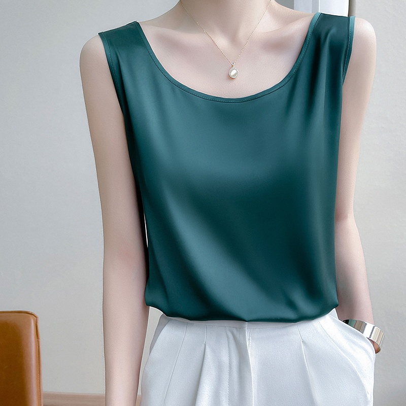 Été soie Camis femmes t-shirts sans manches gilet Satin débardeurs bureau élégant mode O cou Champagne BlouseTop femmes