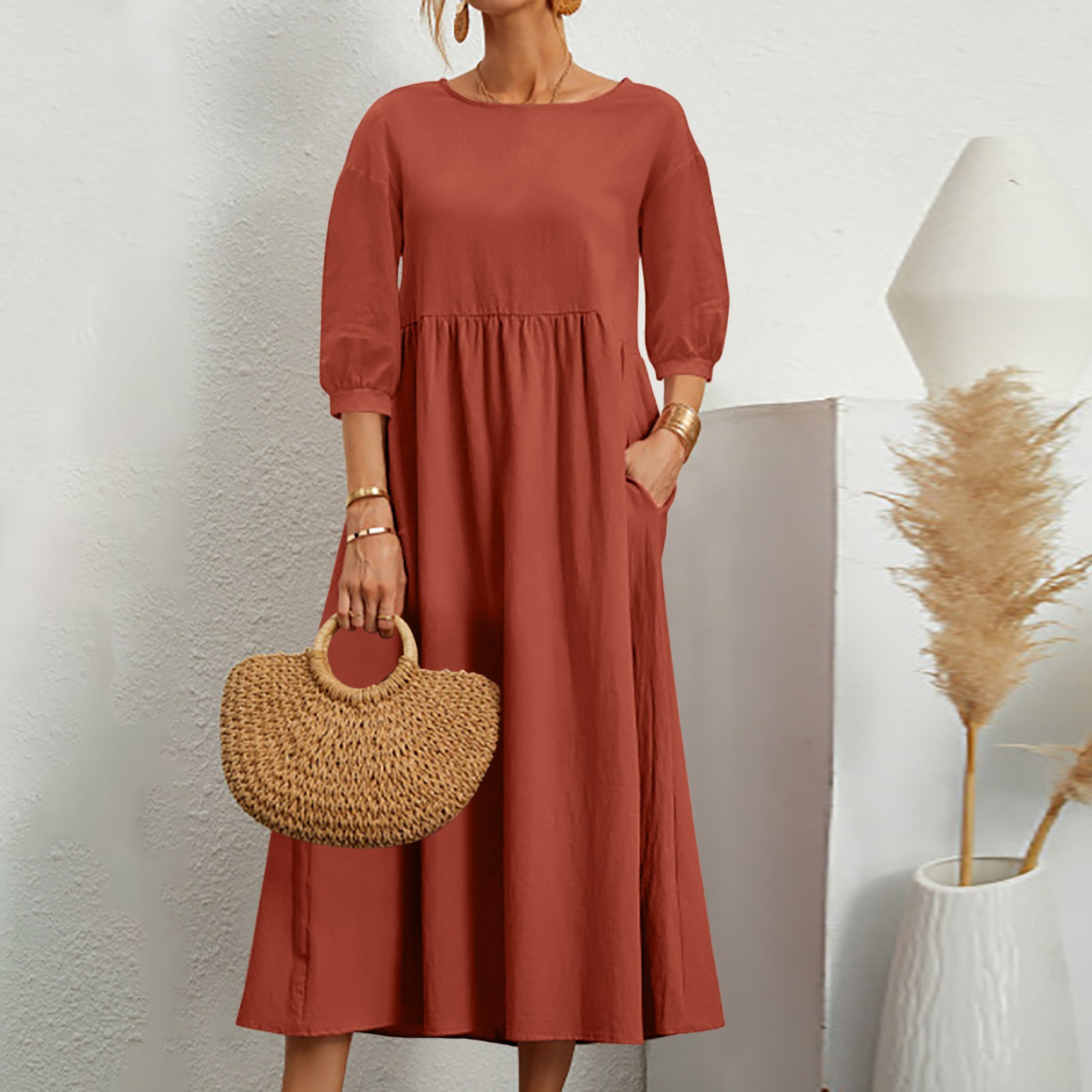 Femmes décontracté été robe en coton avec poches 3/4 manches ample Midi chemise robe femmes robes à manches courtes robes