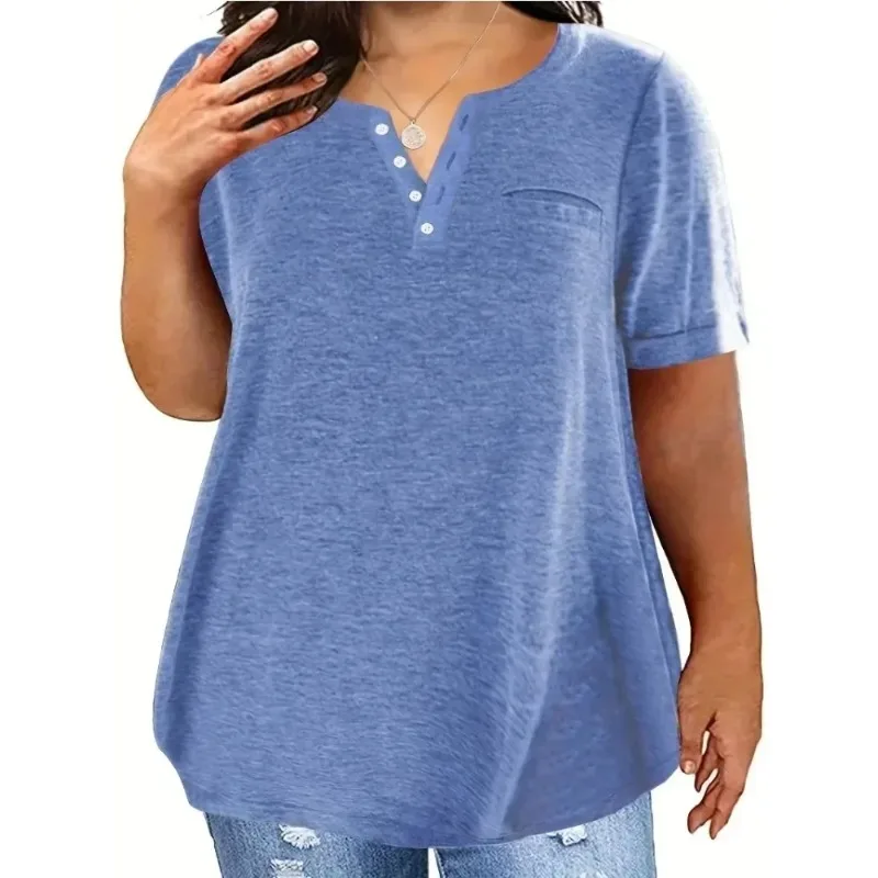 T-shirt décontracté à manches courtes et col en V pour femmes avec poches, grande taille, 1XL-5XL, printemps et été, nouveau style