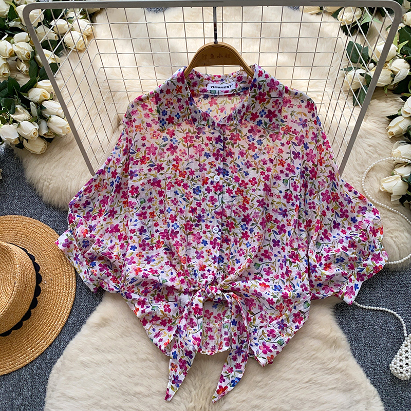 Chemisier coréen pour femmes, imprimé floral, à nouer sur le devant, manches bouffantes, haut peplum, coupe ample, chemise d'été légère, haut féminin BL452