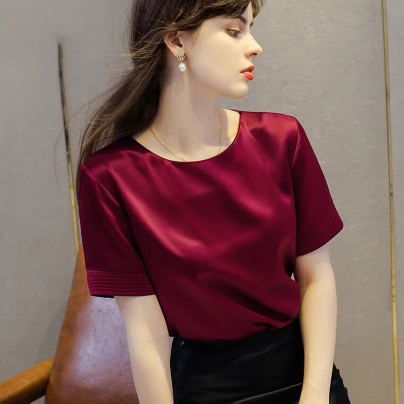T-shirts en satin d'acétate pour femmes, chemisiers en satin de soie élégants et décontractés de haute qualité, hauts coréens d'été 2026, vêtements féminins