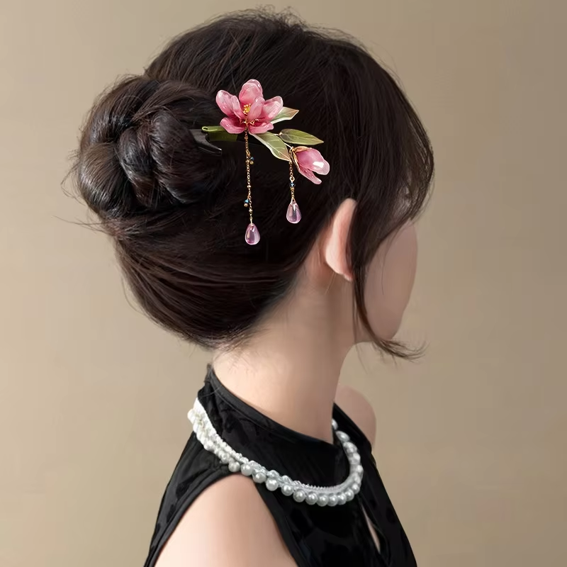 Nouvelle épingle à cheveux style chinois avec pompon, style ancien, faite à la main, motif fleur de lotus, pour femme