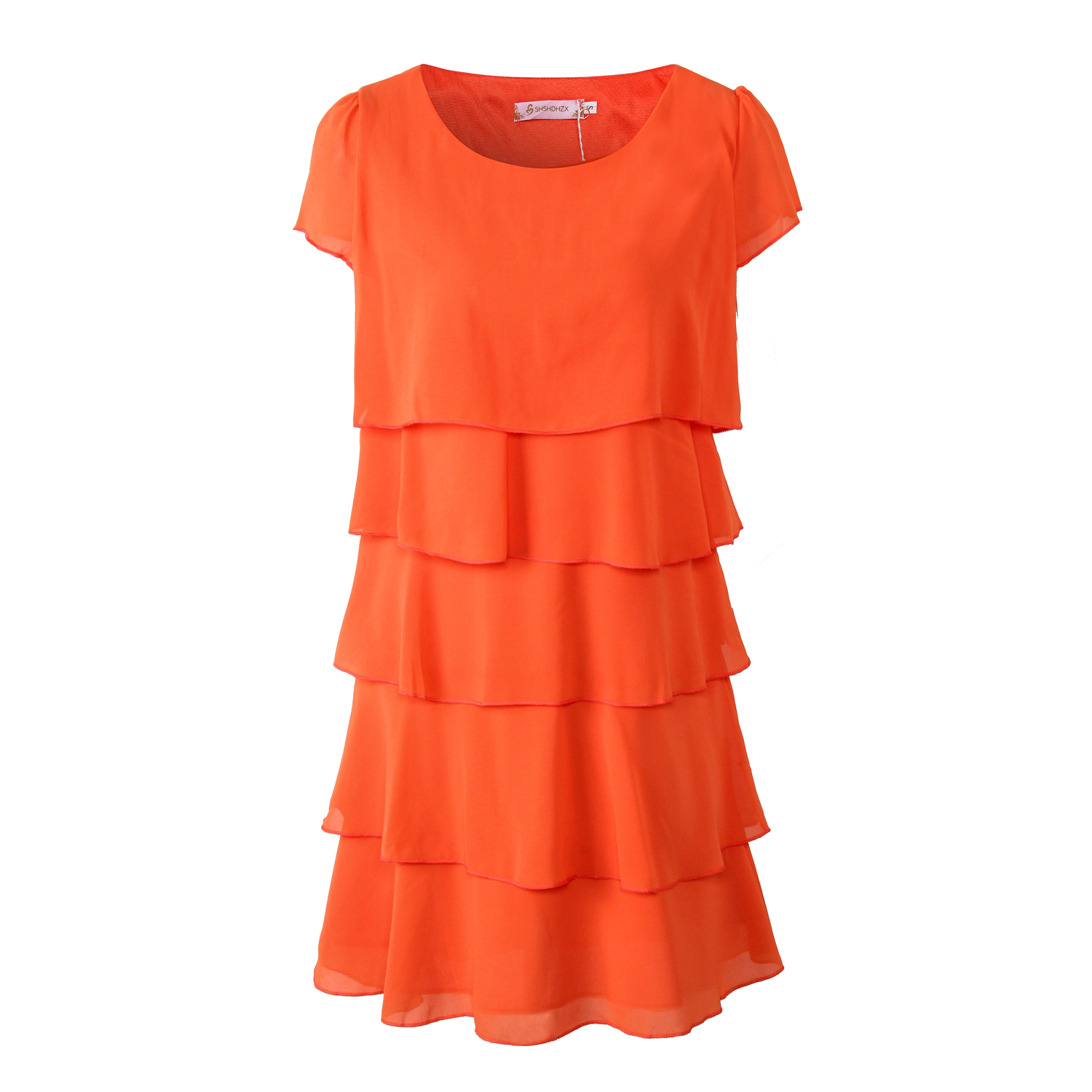 Robe en mousseline de soie pour femmes, élégante, décontractée, manches courtes, col rond, à volants, robes de gâteau, nouvelle collection