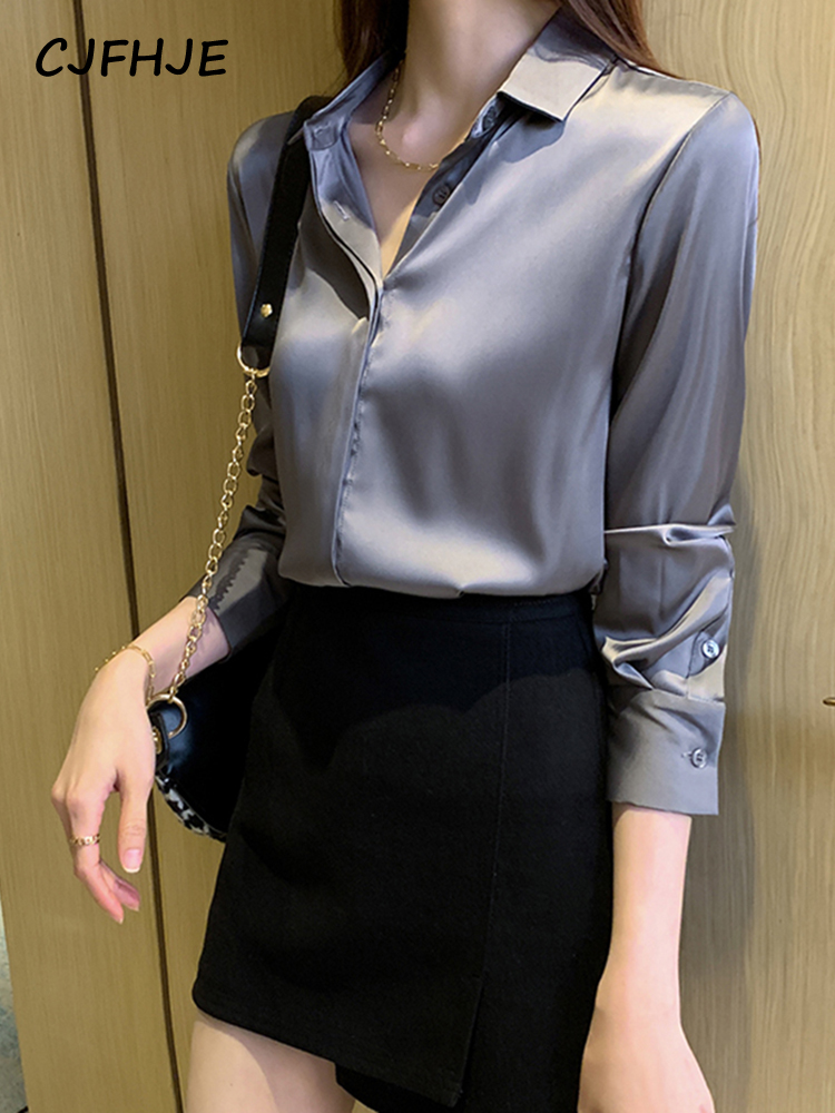 CJFHJE rouge soie femmes chemise à manches longues Satin mode violet Blouses femme couleur unie basique élégant montre de sport gris OL vêtements