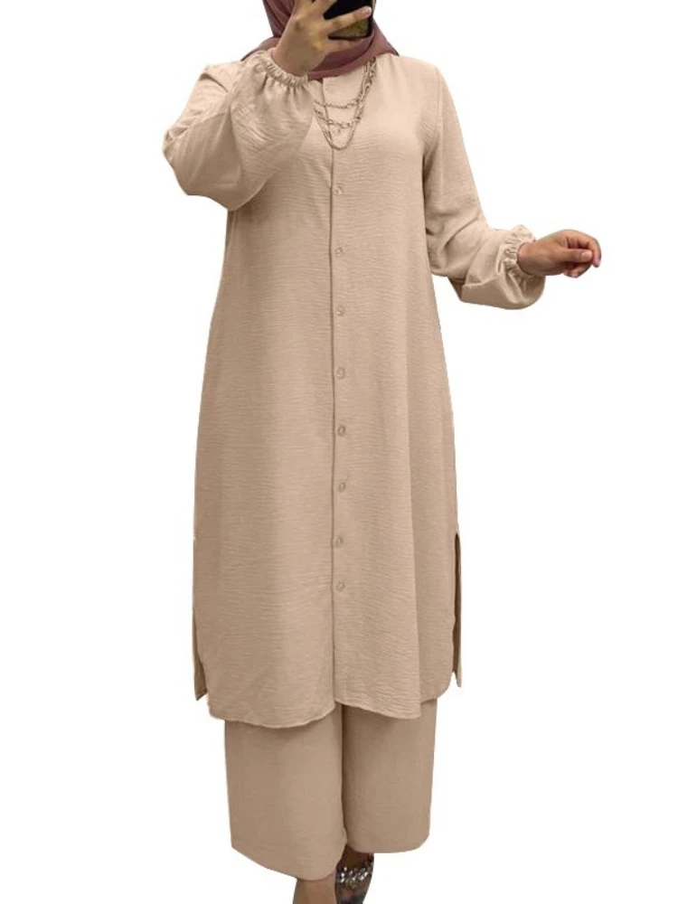 Eid Ensemble musulman femmes 2 pièces chemise Blouses pantalon à jambes larges Musulman Ensemble dubaï décontracté arabe Ramadan caftan 2024 tenue costumes