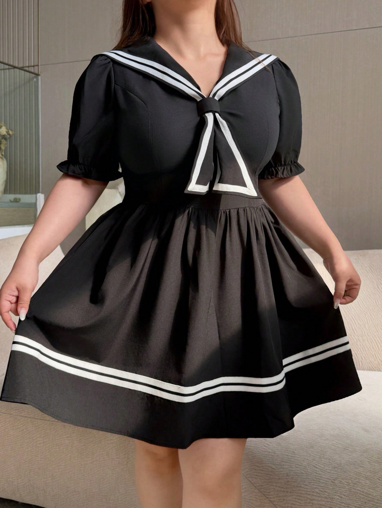 Robe d'été de style princesse pour filles grandes tailles |   Jupe midi tendance de style preppy |   Manches courtes |   Coupe en forme de A |   Polyester