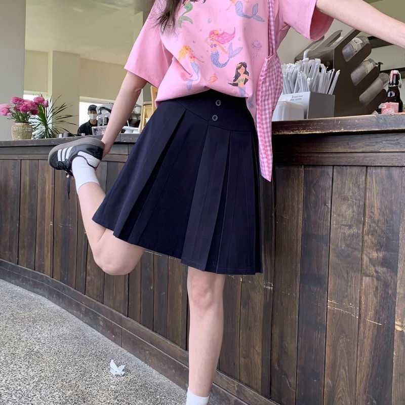 Jupe mi-longue plissée taille haute pour femme, style preppy, bleu foncé, pour le bureau ou décontractée, été