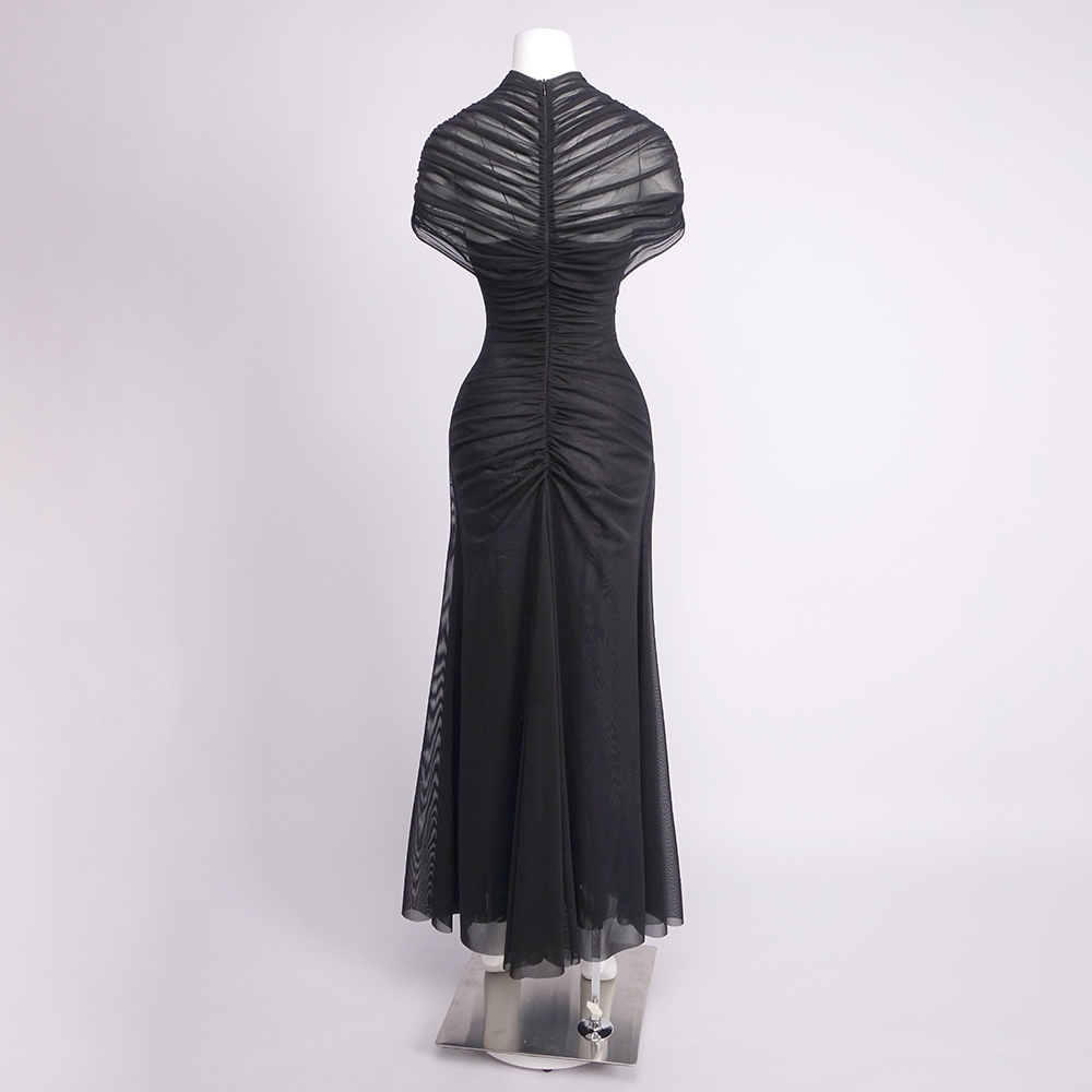 Femmes Design de luxe à manches courtes découpé faux 2 pièces longues douces confortables haute rue soirée Club fête spectacle robes