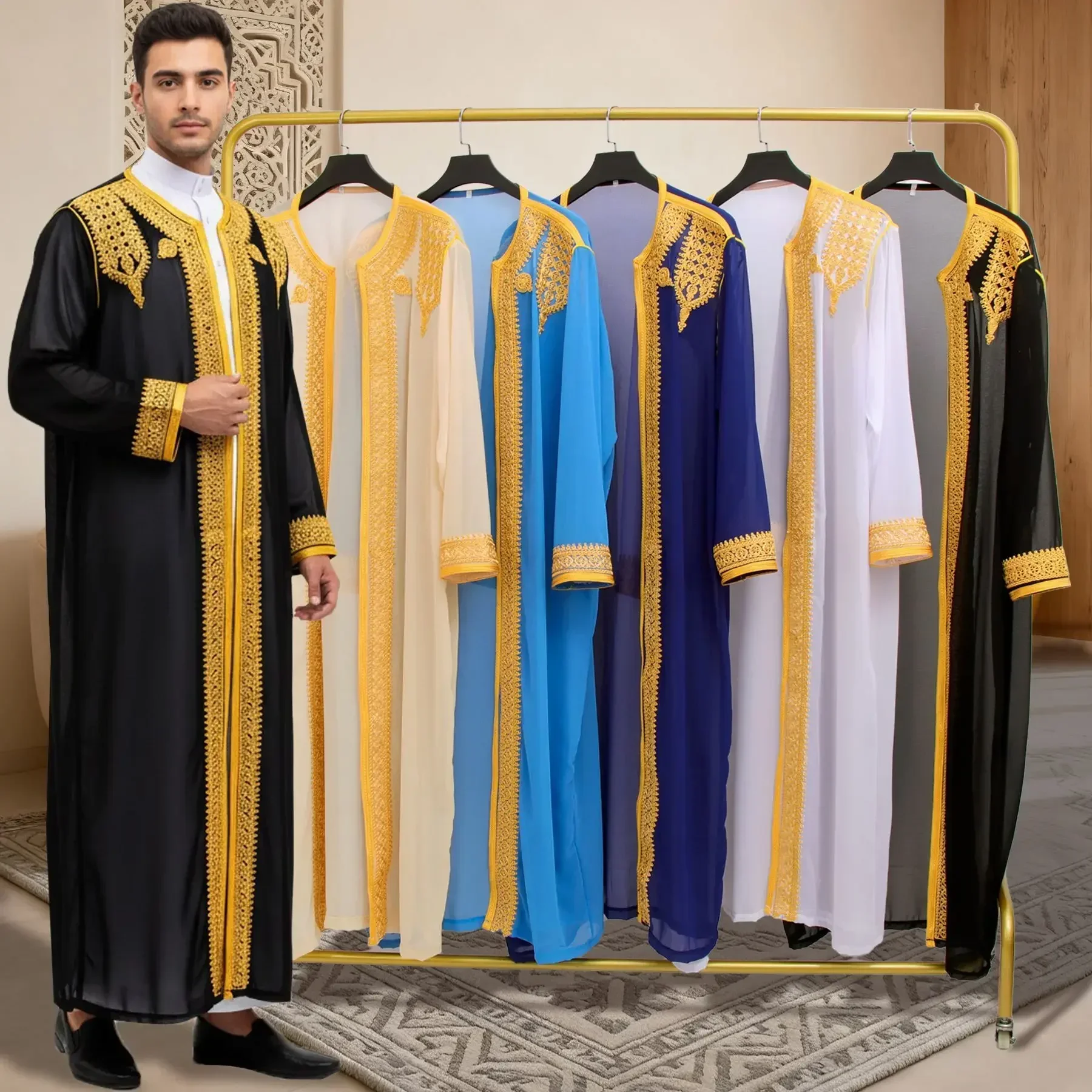 Robe traditionnelle arabe pour hommes, Robe brodée Thobe, ethnique du moyen-orient, Jubba Thobes Eid Djellaba, Kimono Abaya Thoub Dishdasha