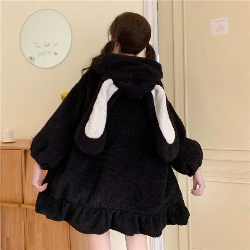 Veste d'hiver à capuche pour femme, Cardigan à manches longues, duveteux, Harajuku, Kawaii, oreilles de lapin, fermeture éclair, manteau en peluche, vêtements chauds à volants, 2021