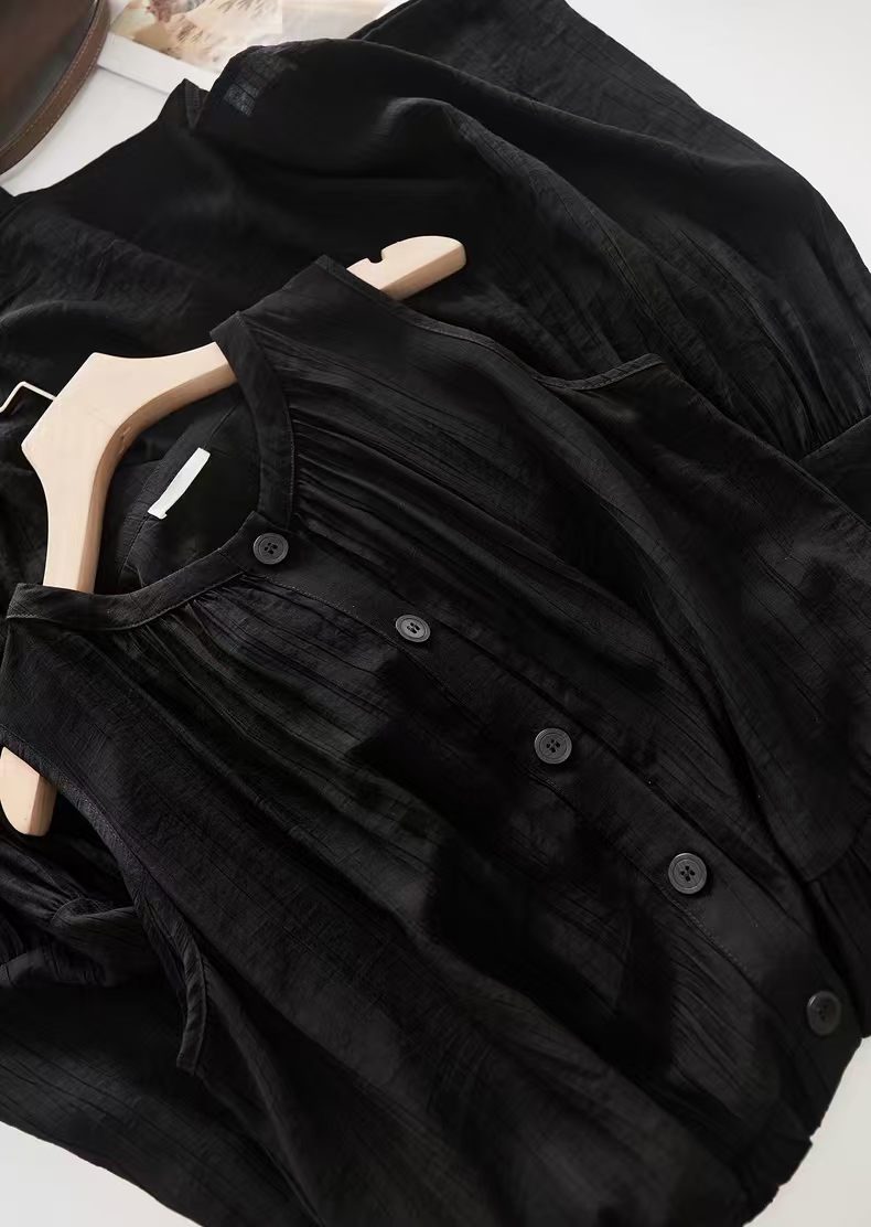 Robe noire pour femme, nouvelle collection été, style coréen, chic, élégante, à col rond, mi-longue, décontractée, à simple boutonnage