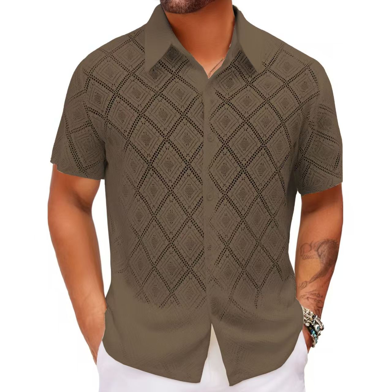 2025 mode d'été hommes chemise maille dentelle Transparent hauts Streetwear revers manches courtes bouton Camisas fête Sexy hommes vêtements