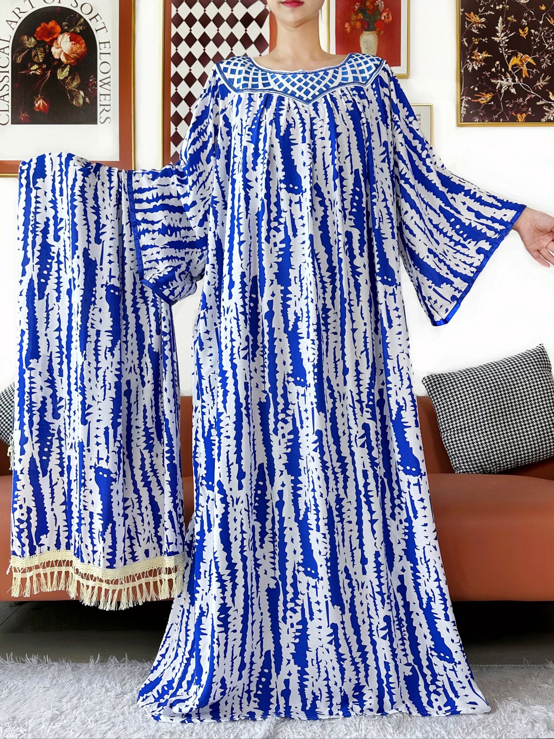 Vente chaude Design brodé col rond coton femmes longue ample Abaya Boho Maxi robe décontracté robe de mode robes africaines