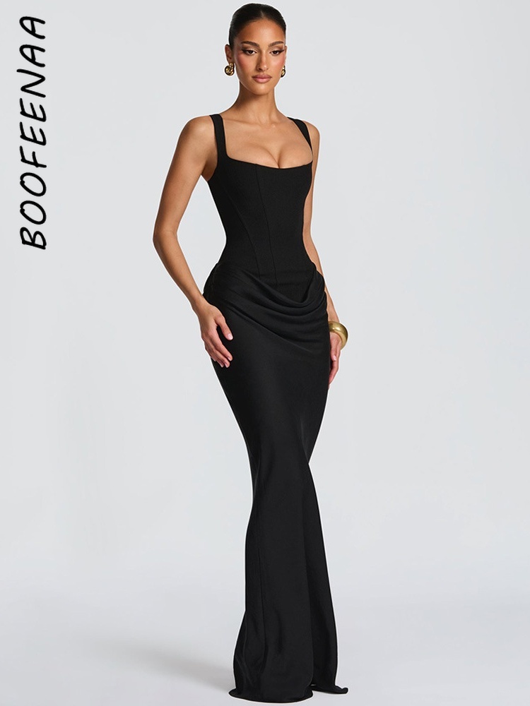 BOOFEENAA – robe longue style Corset, col carré, sans manches, dos nu, robe de soirée blanche sexy, robe de soirée élégante pour femme, C0-EF30
