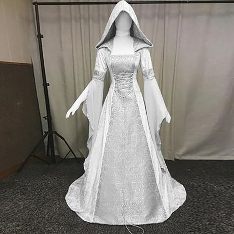 Robe de mariée de style rétro médiéval, robe à capuche, robe à taille cintrée, cosplay, Halloween, robe à capuche pour femme, costume de jeu de rôle HQ001
