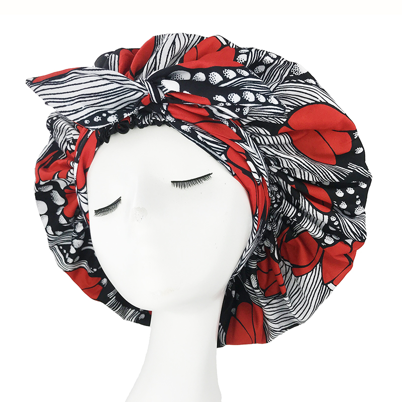Bonnet en Satin imprimé africain de grande taille avec longue enveloppe de ruban Double couche couvre-chef motif Ankara femmes couverture de cheveux casquette d'enveloppement de cheveux