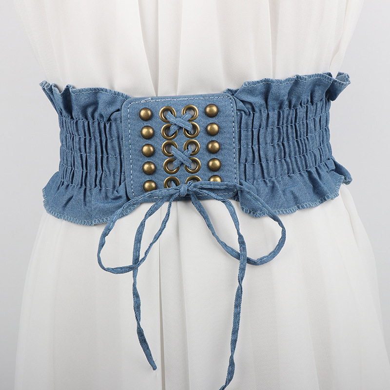 10x66cm élégant volants larges ceintures Denim bleu à lacets taille ceinture Vintage élastique ceinture tenue décontractée manteau ceinture pour les femmes