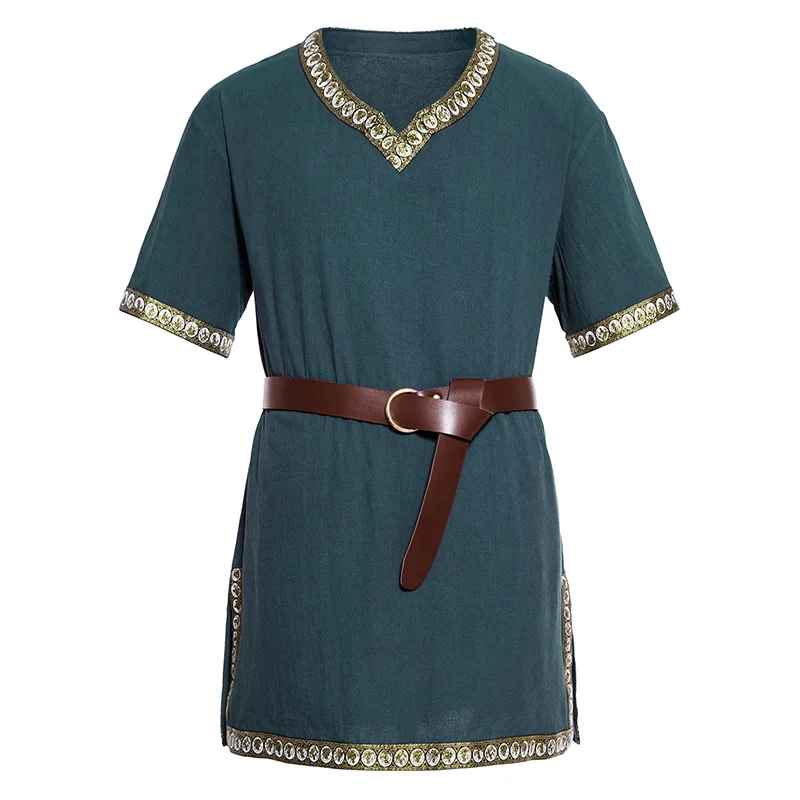 Tunique médiévale longue chemise en coton et lin hommes Costume de Pirate Viking tressé hauts amples tenue de guerrier Renaissance adulte grande taille
