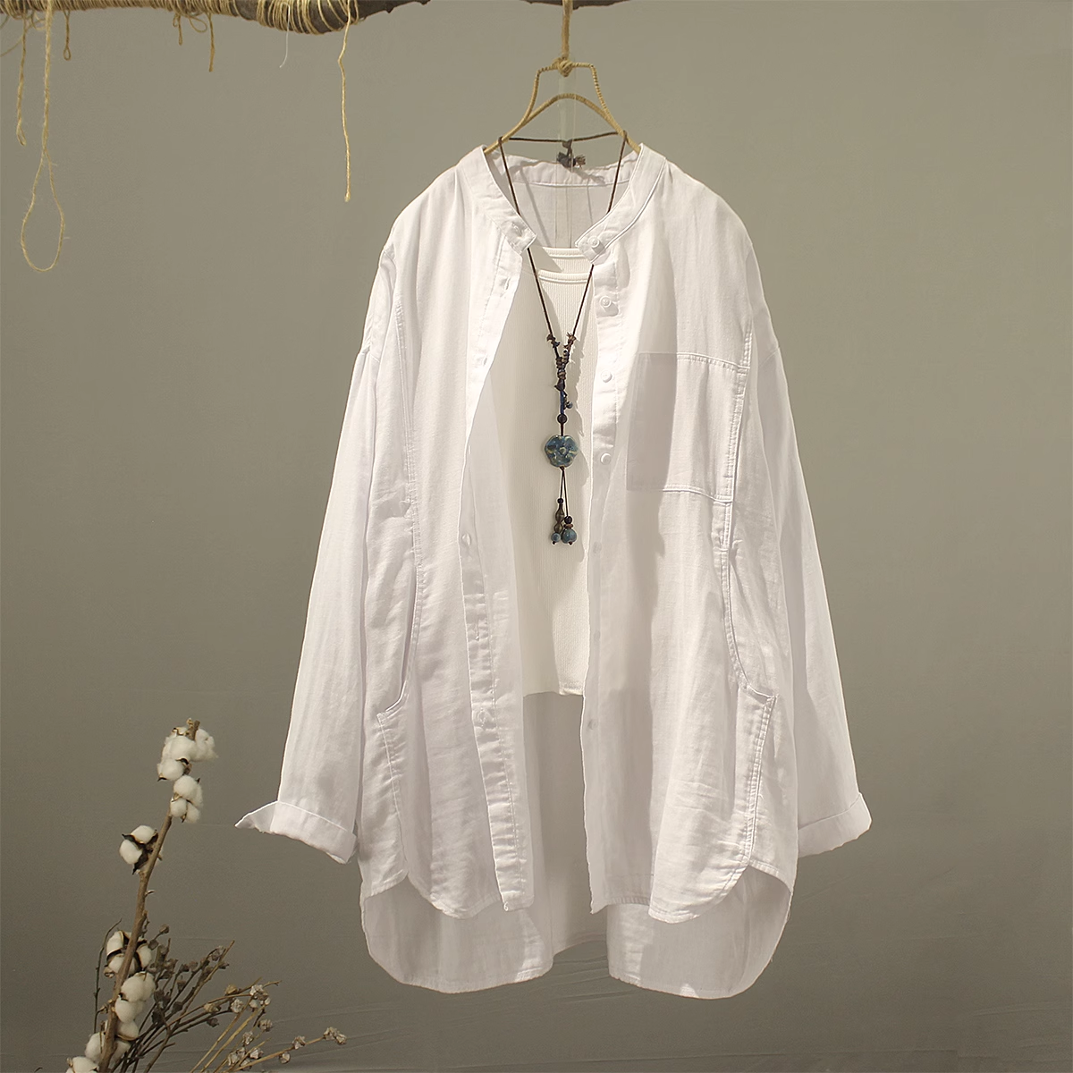 Vêtements pour femmes d'âge mûr 2026 – Hauts et chemisiers 100 % coton, style japonais, col montant, grandes tailles