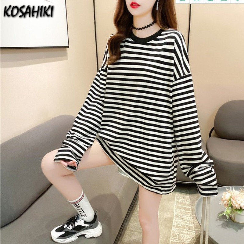 KOSAHIKI – T-shirts à manches longues pour femmes, T-shirts amples rayés, hauts surdimensionnés, décontractés, de Style coréen, tendance, Ulzzang, printemps-automne