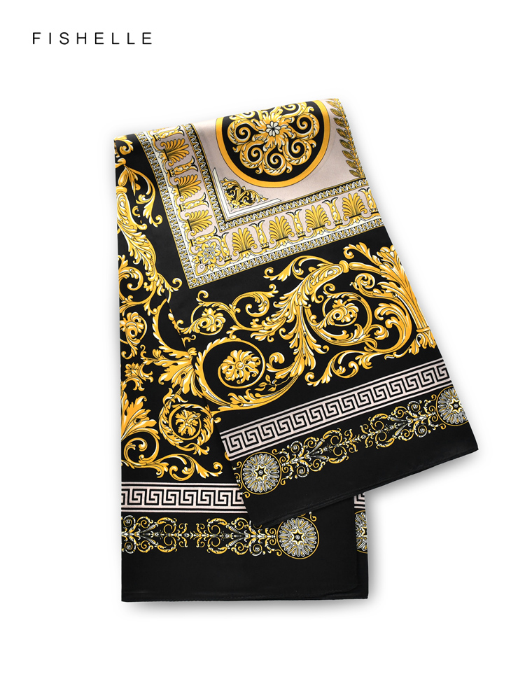 Motifs exquis noir et doré 100% foulard en soie naturelle bandeau cadeau de luxe foulard pour femme bandana hijab châle 90 cm foulard