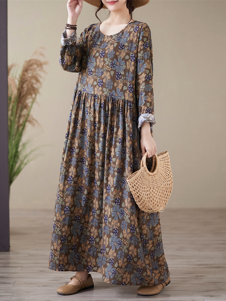 Robe longue à manches longues en coton imprimé floral vintage pour femme, collection Printemps-Automne 2026, style décontracté et ample, vêtements de mode