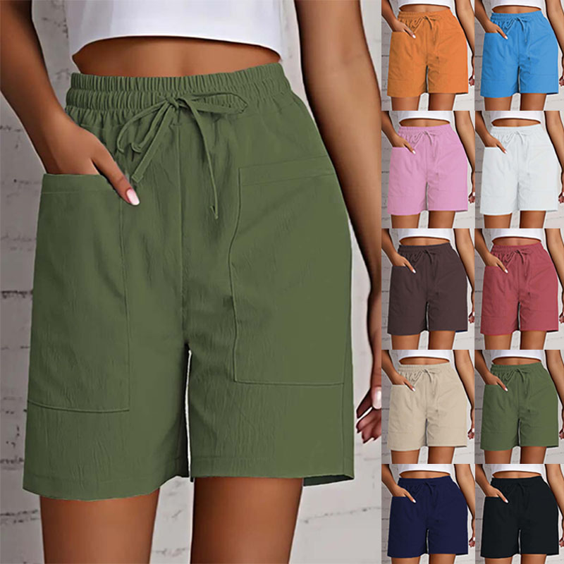 Short d'été taille haute de 4 pouces pour femmes, short décontracté coupe ample avec poches, bermuda de couleur unie pour tenues