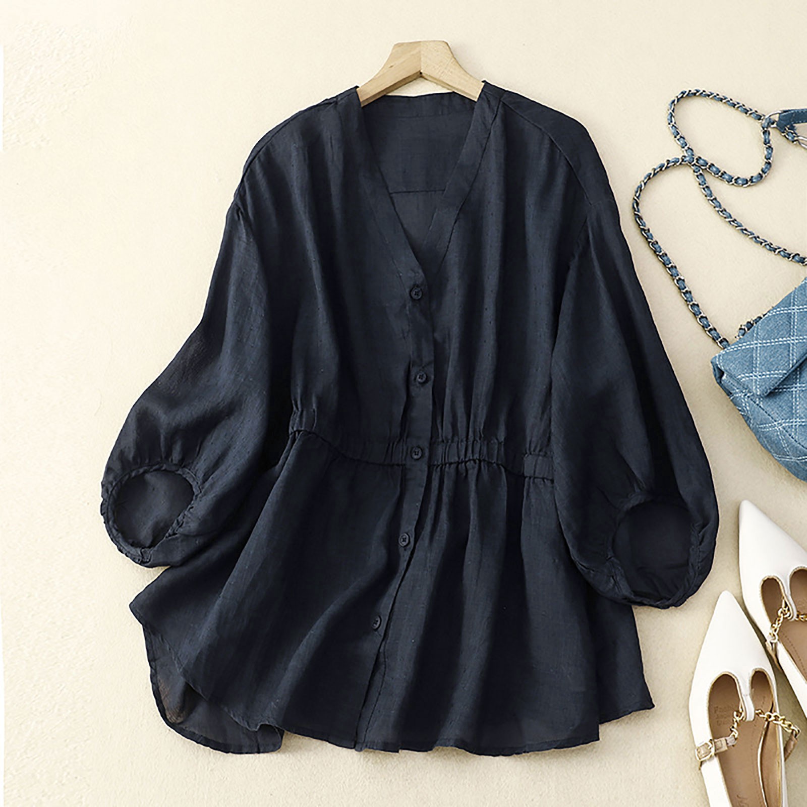 Chemise surdimensionnée en coton et lin pour femmes, chemisiers de style coréen, chemises monochromes, col en V décontracté, bouton, été, 2025