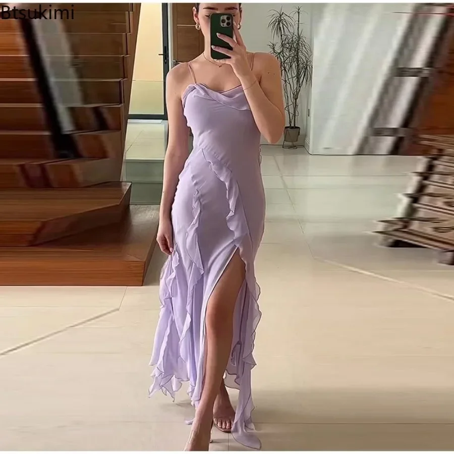 Robe longue en mousseline sexy 2026 pour femme, mode estivale, à volants, fendue, dos nu, style sling, tenue décontractée et de soirée