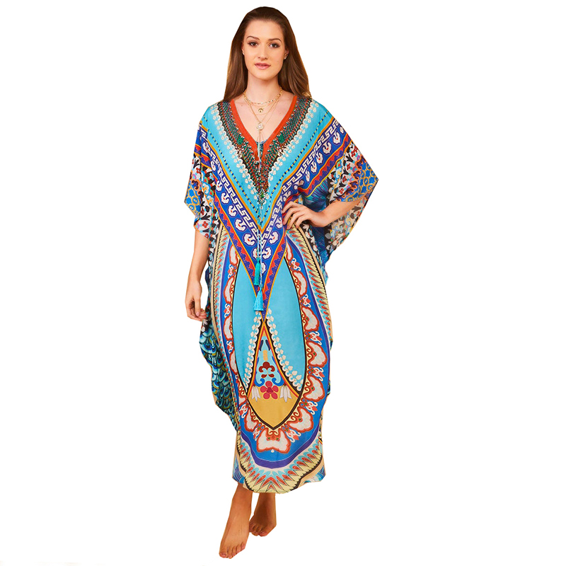 Bohème caftan plage tunique coton plage couvrir Saida de Praia maillot de bain femmes Bikini couvrir paréo Sarong maillots de bain # Q956