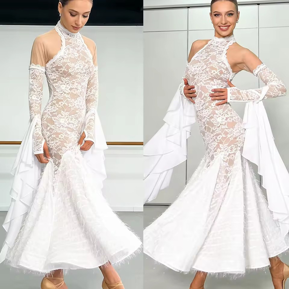 Robe de danse de salon élégante pour femmes, en dentelle blanche, col haut, style sirène, pour la danse de valse, tango moderne, costumes de compétition avec manches à volants