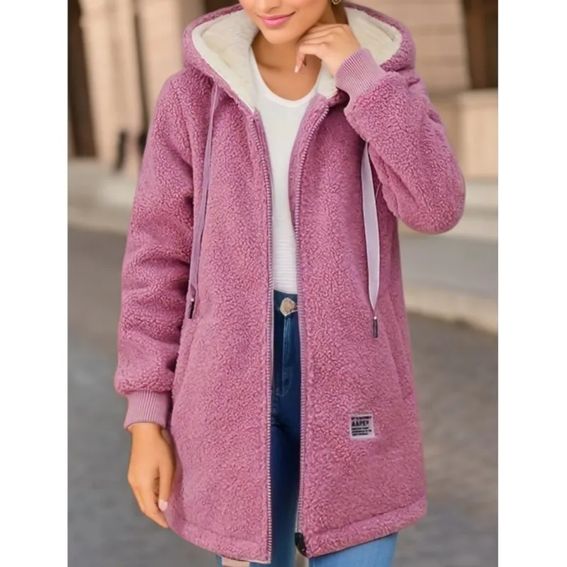 Haut à capuche pour femme Manteau d'hiver Sweat-shirt doublé de polaire épaissi Cardigan Hiver tendance Nouveau style Veste en laine d'agneau Femme
